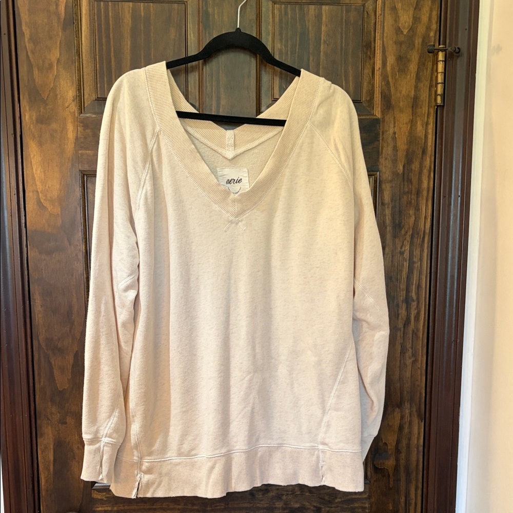 aerie Cream V-Neck Pullover Sweatshirt